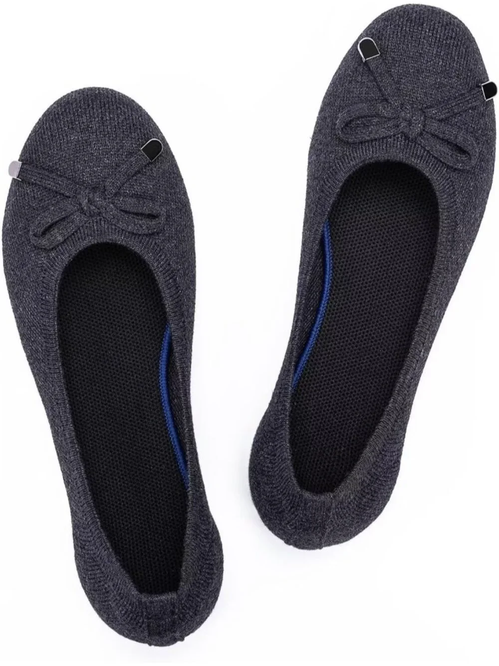 Women's Dark Grey Round Toe Knit Low Wedge Slip On Ballerina Ballet Flat Shoes